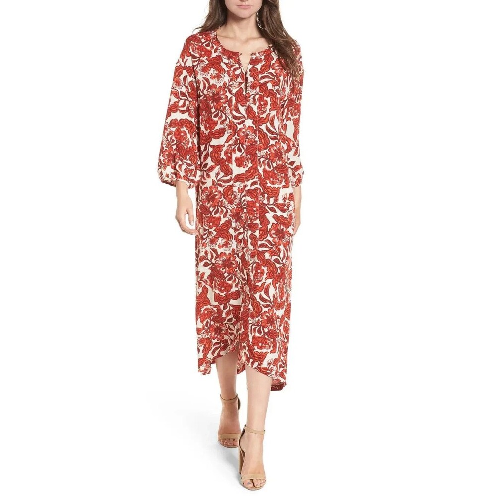 Anthropolgie HINGE Red Fall Floral Midi Button Dress Modest Feminine SIZE XXL
